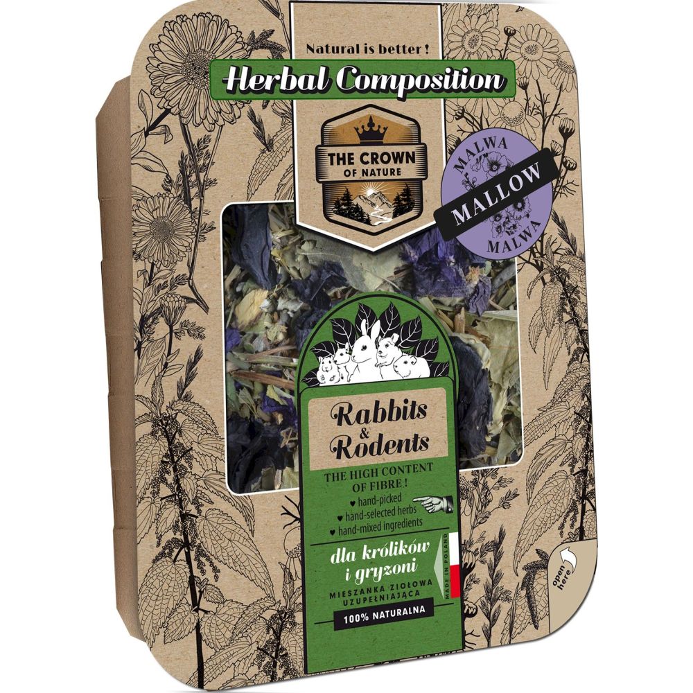 Opakowanie 70g mieszanki ziołowej dla szynszyli Korona Natury Paśnik Ziołowy z kwiatem malwy - sklep zoologiczny Konikpolny.pl