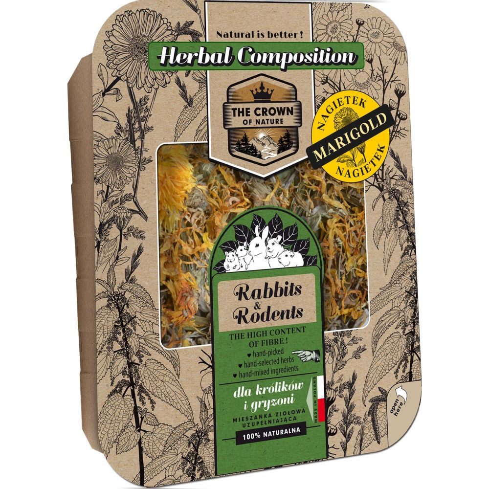 70g mieszanki ziołowej Korona Natury Paśnik Ziołowy z nagietkiem i patyczkami brzozy - sklep zoologiczny Konikpolny.pl