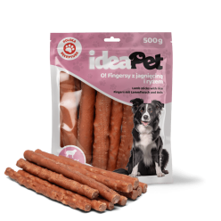 Opakowanie 500g przysmaków dla psa Ideapet w formie paluszków z jagnięciną i ryżem - sklep zoologiczny Konikpolny.pl