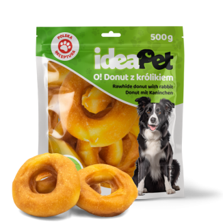 Opakowanie 500g przysmaków dla psa Ideapet w kształcie donutów z królikiem i dorszem - sklep zoologiczny Konikpolny.pl