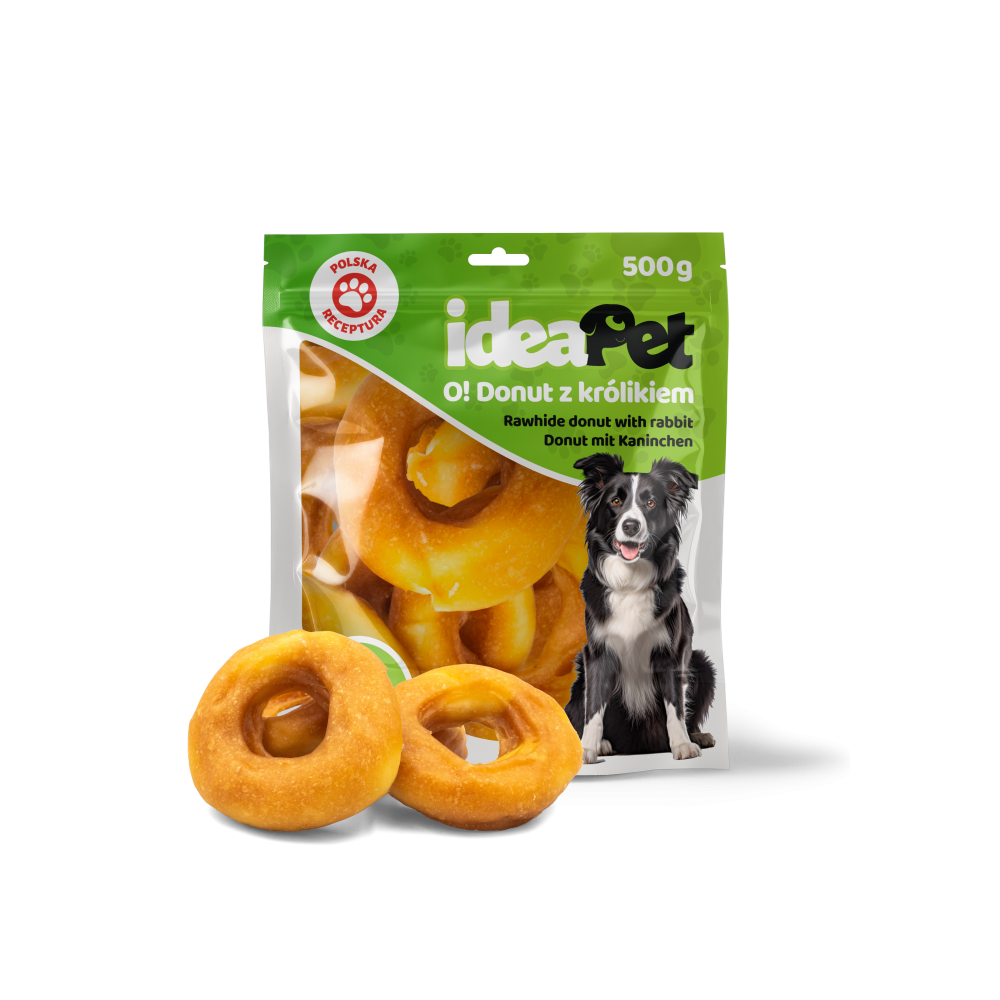 Opakowanie 500g przysmaków dla psa Ideapet w kształcie donutów z królikiem i dorszem - sklep zoologiczny Konikpolny.pl