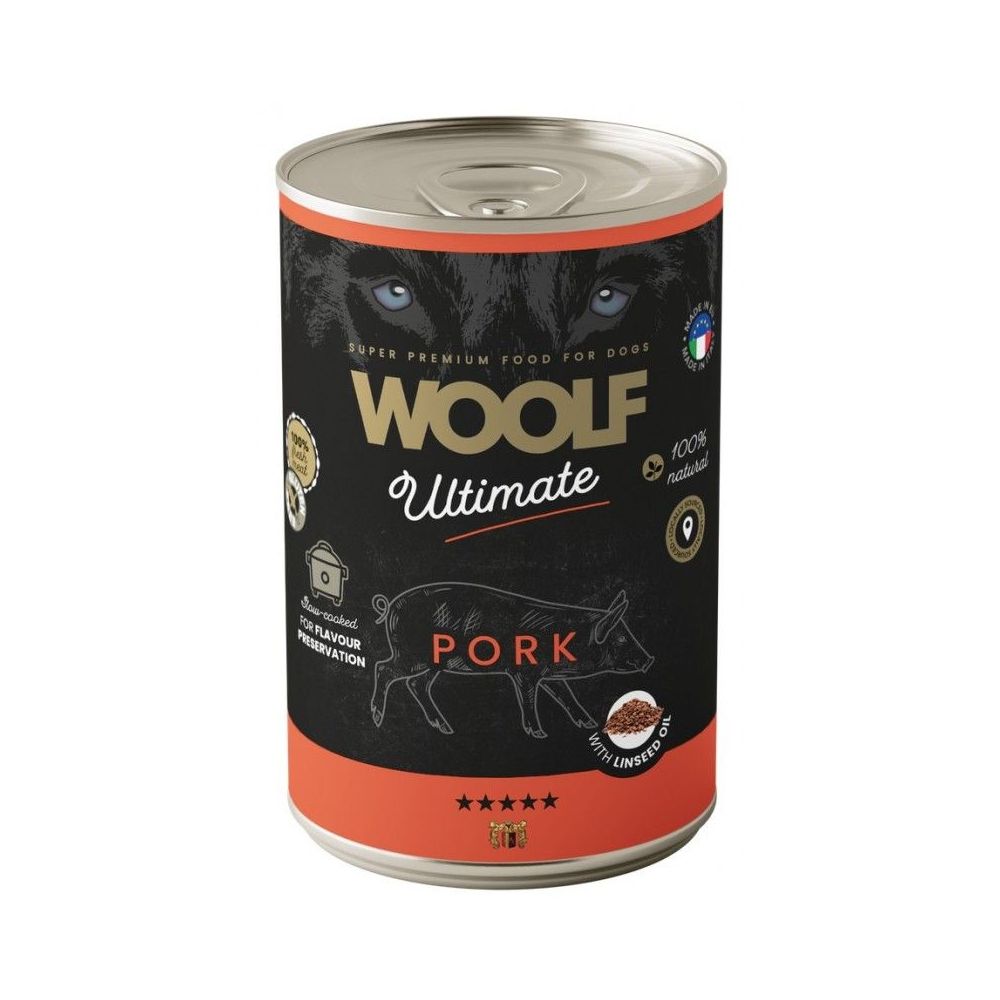 400g wolno gotowanego pasztetu dla psa Woolf Ultimate Can z wieprzowiną i olejem lnianym - sklep zoologiczny Konikpolny.pl