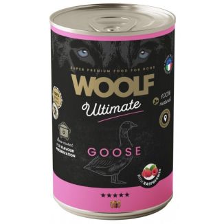 Puszka 400g wolno gotowanego pasztetu dla psa Woolf Ultimate Can z gęsiną i malinami - sklep zoologiczny Konikpolny.pl
