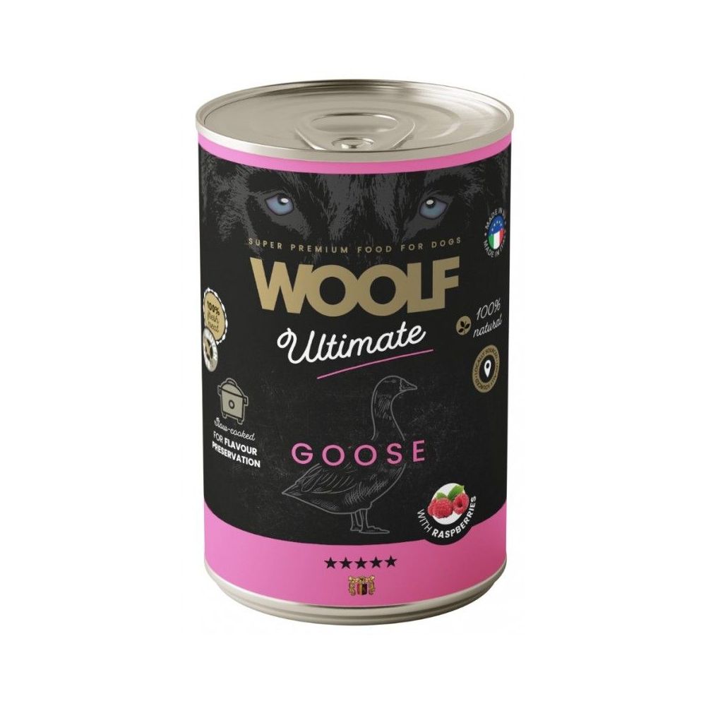 Puszka 400g wolno gotowanego pasztetu dla psa Woolf Ultimate Can z gęsiną i malinami - sklep zoologiczny Konikpolny.pl