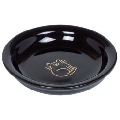Czarny, płaski, ceramiczny talerzyk dla kota marki Nobby ze złotą grafiką kota na dnie - sklep zoologiczny Konikpolny.pl