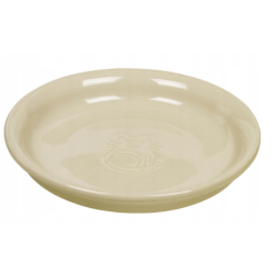 Beżowy, płaski, ceramiczny talerzyk dla kota marki Nobby z grafiką kota na dnie - sklep zoologiczny Konikpolny.pl