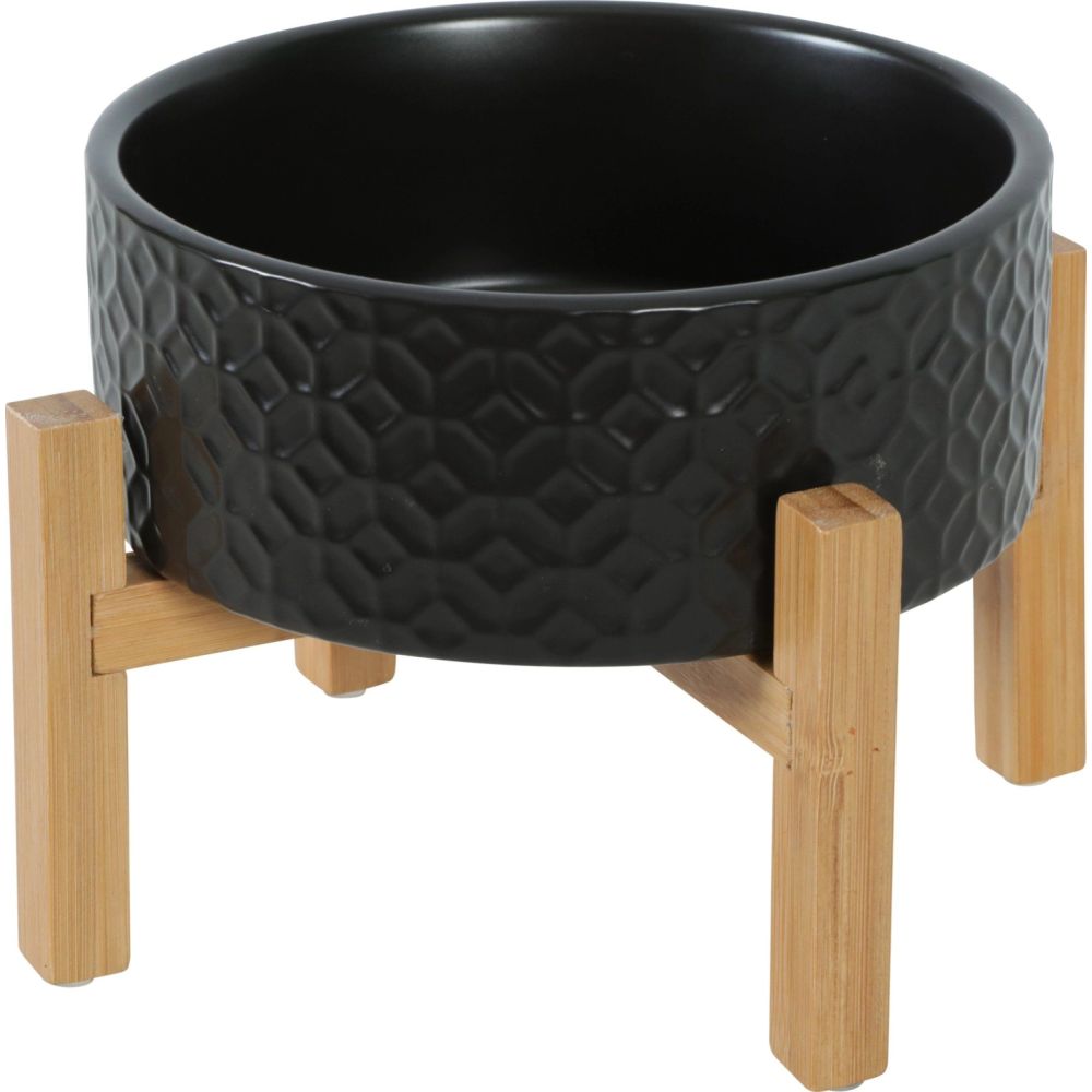 ceramiczna miska o pojemności 300ml z młotkowanym wzorem, umieszczona w bambusowym stojaku - sklep zoologiczny Konikpolny.pl