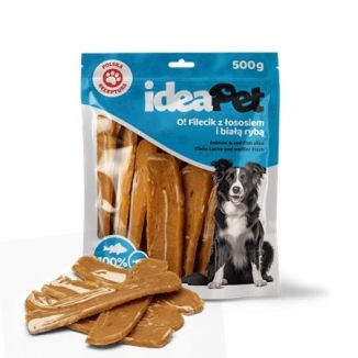 Opakowanie 500g przysmaków dla psa w formie filecików z łososiem, dorszem i kaczką - sklep zoologiczny Konikpolny.pl