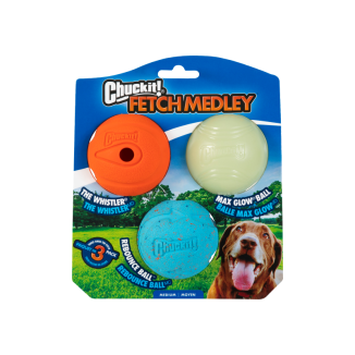 Zestaw trzech piłek dla psa Chuckit! Fetch Medley Medium 6.5cm - gwiżdżąca, świecąca i ekologiczna