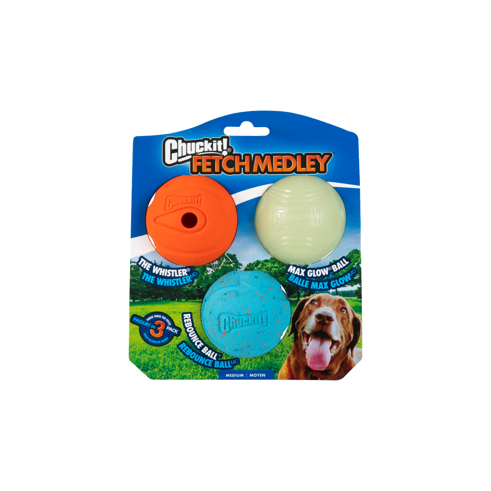 Zestaw trzech piłek dla psa Chuckit! Fetch Medley Medium 6.5cm - gwiżdżąca, świecąca i ekologiczna