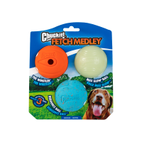 Zestaw trzech piłek dla psa Chuckit! Fetch Medley Medium 6.5cm - gwiżdżąca, świecąca i ekologiczna