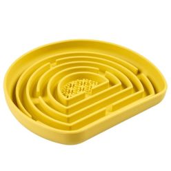 Żółta silikonowa miska spowalniająca jedzenie Duvo+ o półkolistym kształcie z przyssawkami